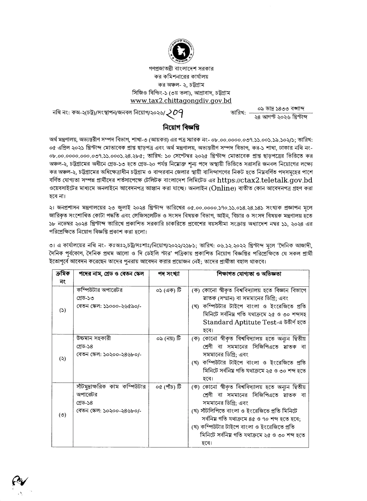 Office of the Commissioner of Taxes, Taxes Zone-2, Chattogram Job Circular - কম্পিউটার অপারেটর - Page 1