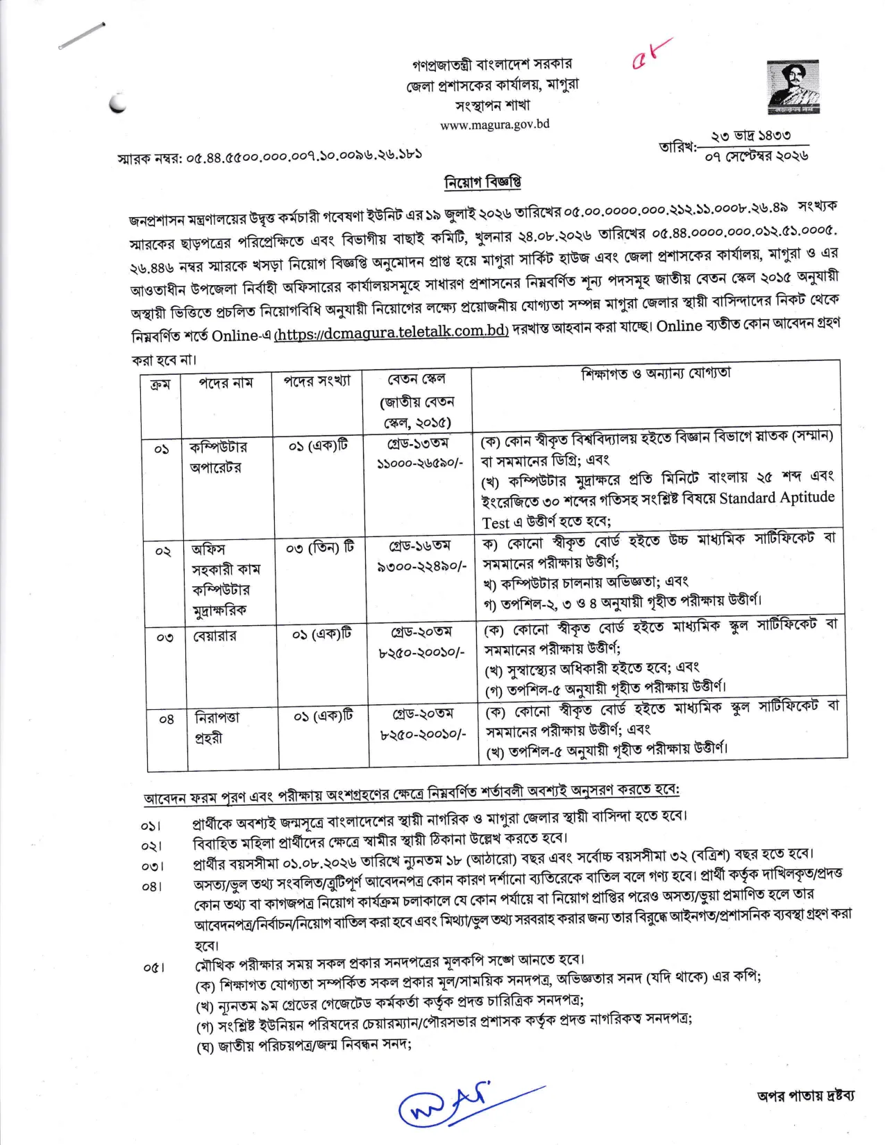 Office of the Deputy Commissioner, Magura Job Circular - কম্পিউটার অপারেটর - Page 1