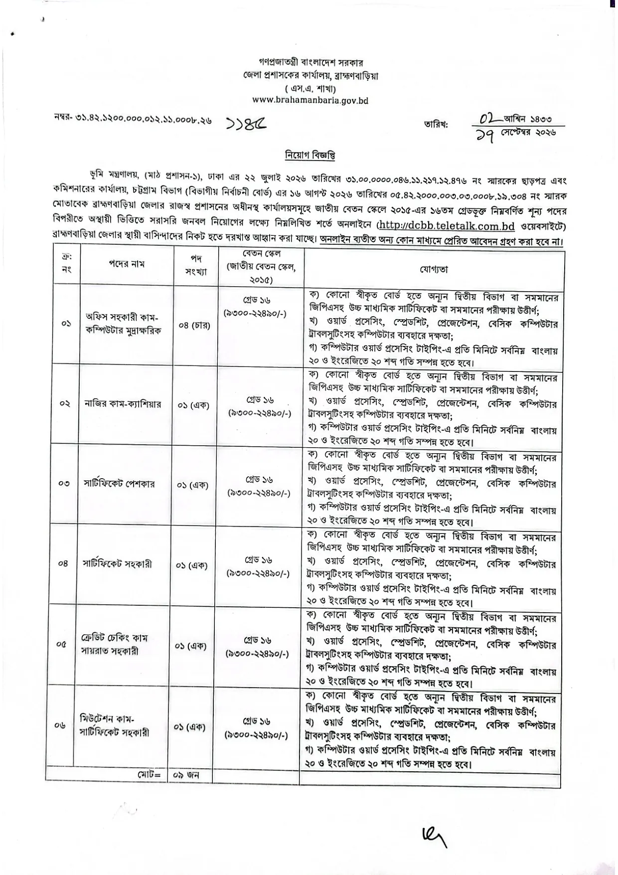 Office of the Deputy Commissioner, Brahmanbaria Job Circular - নাজির কাম-ক্যাশিয়ার - Page 1