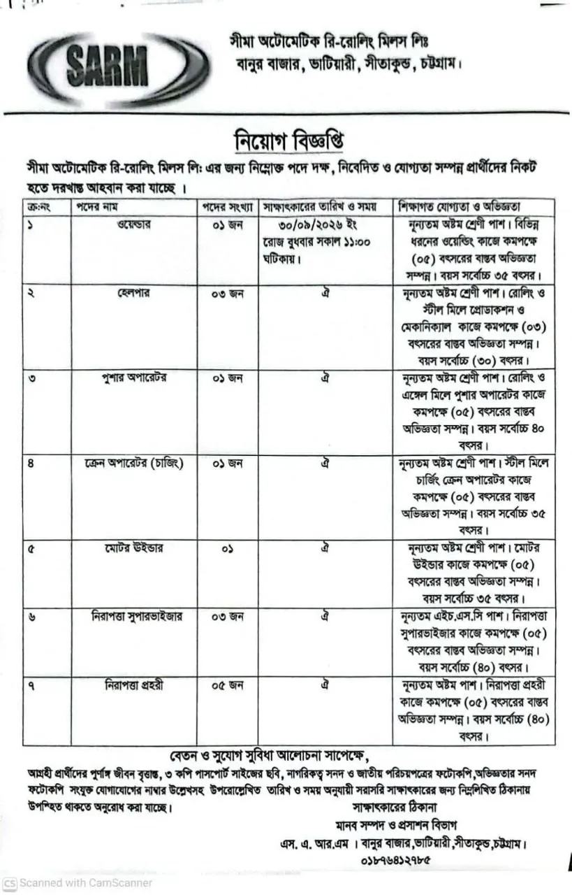 Seema Automatic Re-Rolling Mills Ltd. Job Circular - হেলপার - Official Image