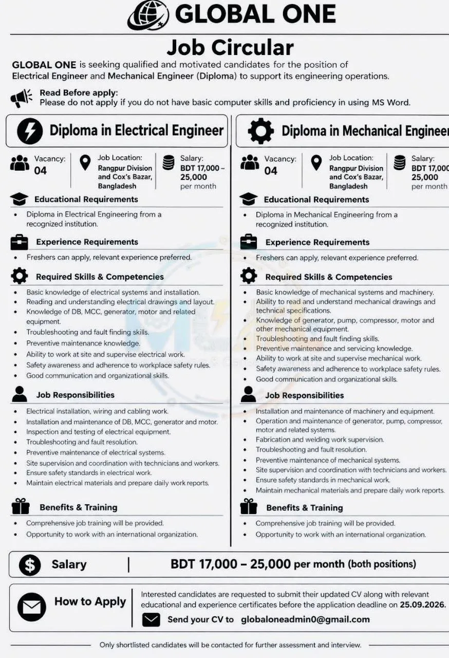 GLOBAL ONE Job Circular - ডিপ্লোমা ইন ইলেকট্রিক্যাল ইঞ্জিনিয়ার - Official Image