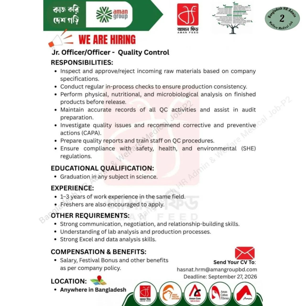 Aman Feed (Aman Group) Job Circular - জুনিয়র অফিসার/অফিসার - কোয়ালিটি কন্ট্রোল - Official Image