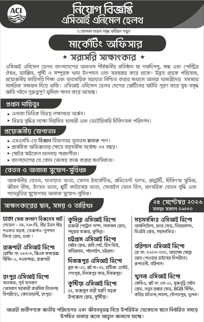 ACI Animal Health Job Circular - মার্কেটিং অফিসার - Official Image